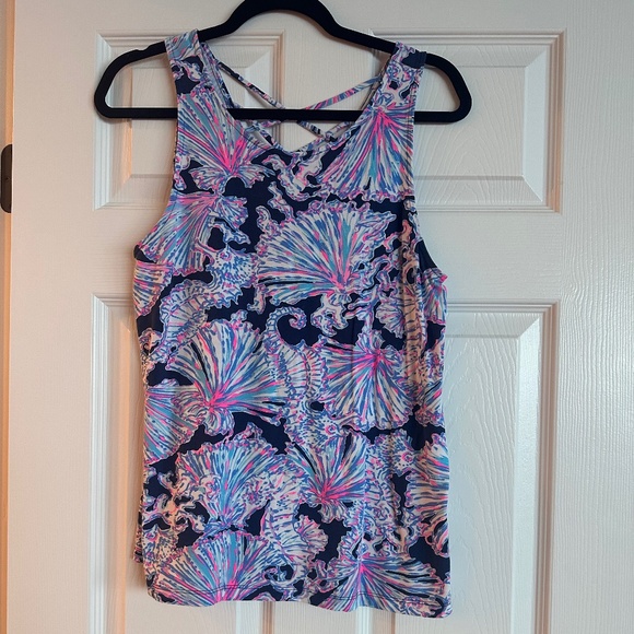 Lilly Pulitzer Kristen Swing Top Deep Sea Navy Shells Bells Criss Cross Size M - Picture 3 of 6